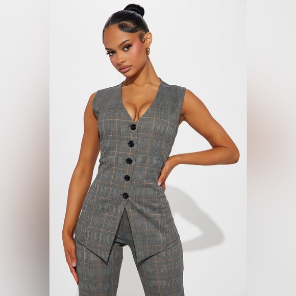 Fashion Nova Office Romance Plaid Vest Pant Set - Black/combo - Picture 2 of 15